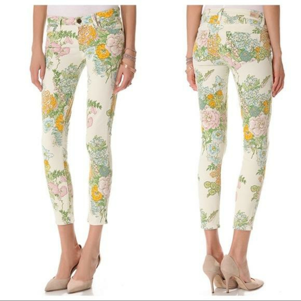 PAIGE Floral Ankle & Cropped Jeans - Cream, Yellow, Pink, Green